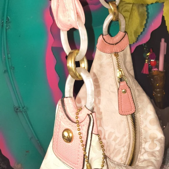 Coach Pink and Cream Signature Canvas Shoulder Bag
